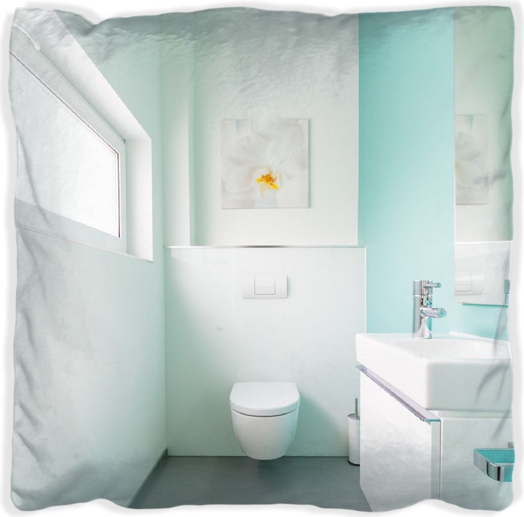 Wallario Premium Kissen, weiche Oberfläche, mit Motiv Badezimmer Gästetoilette Innenansicht - WC und Waschbecken, Größe: 30 x 30 cm, mit weiße...