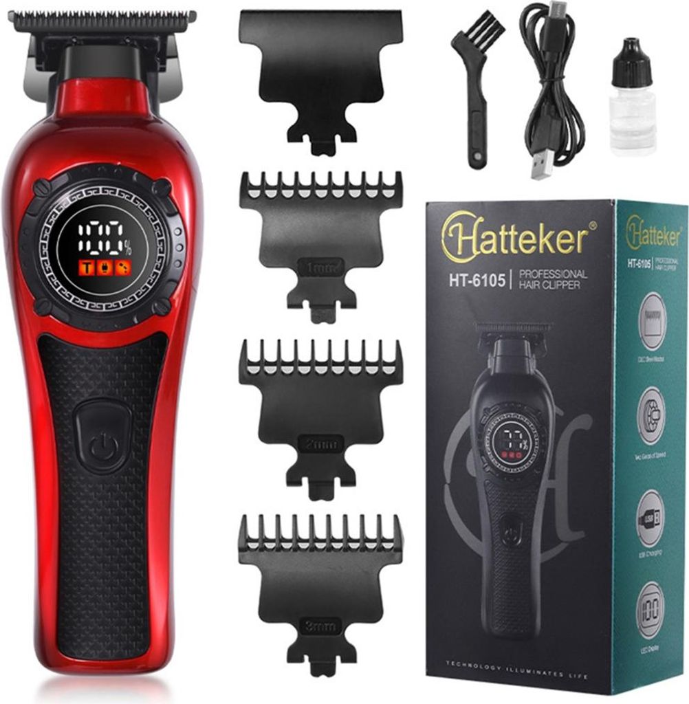 INF Professionelle Gravur Haarschneidemaschine - Kabelloser Trimmer mit LED Display Rot