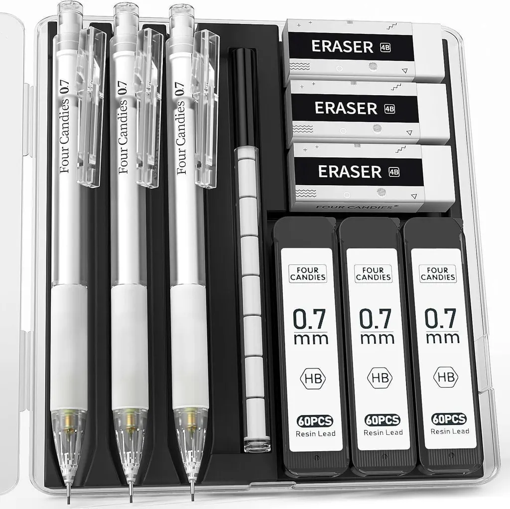 Set di matite meccaniche pastello con astuccio - 3 matite meccaniche trasparenti, 180 mina HB, 3 gomme, 9 ricariche