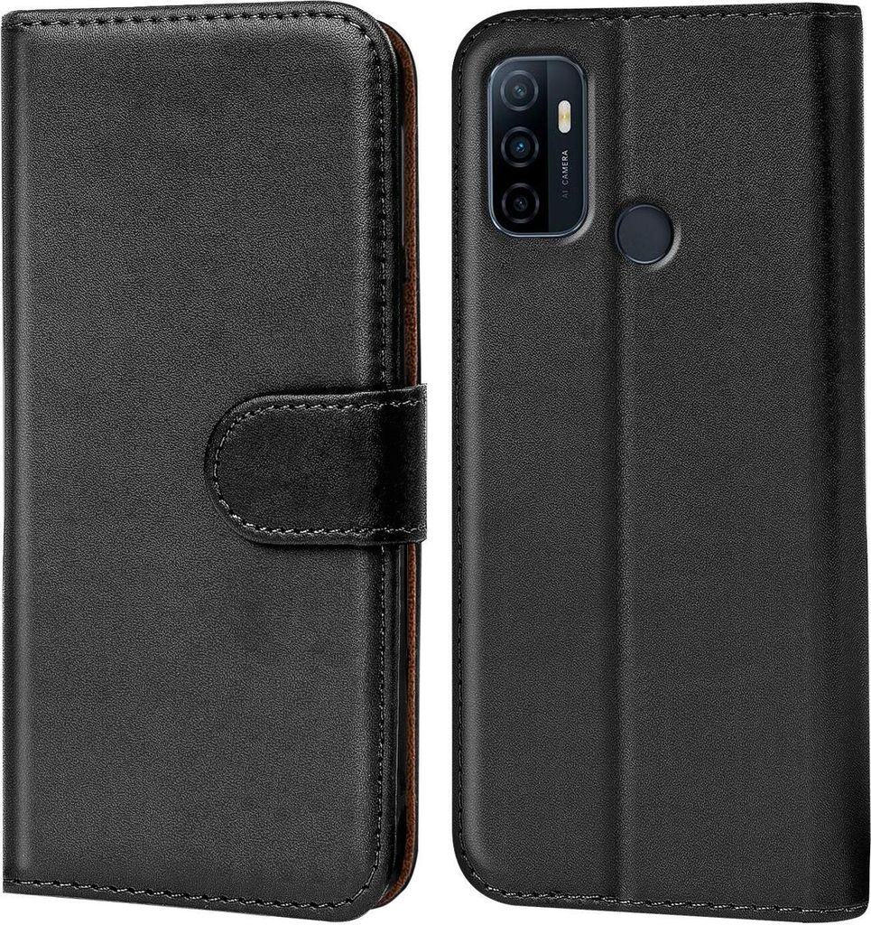 A black flip case for a smartphone is shown open, revealing the inside and the back of the phone.
