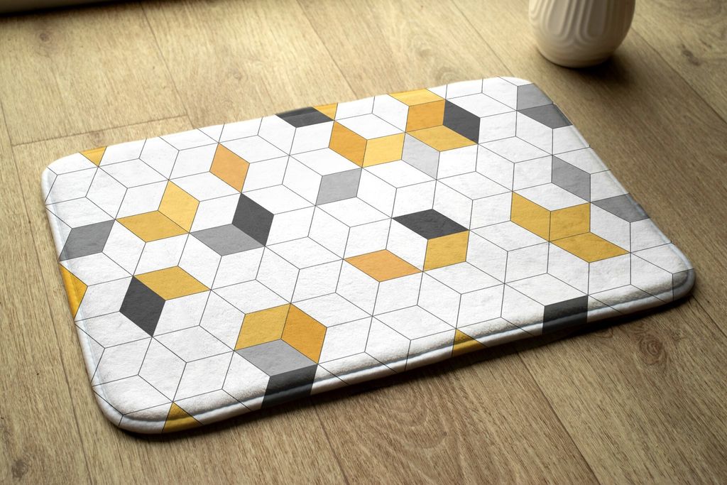 Badteppich Saugfähige - Badezimmer Teppich - Rutschfester Badvorleger Badematte - 90x60 cm - Geometrische Würfel