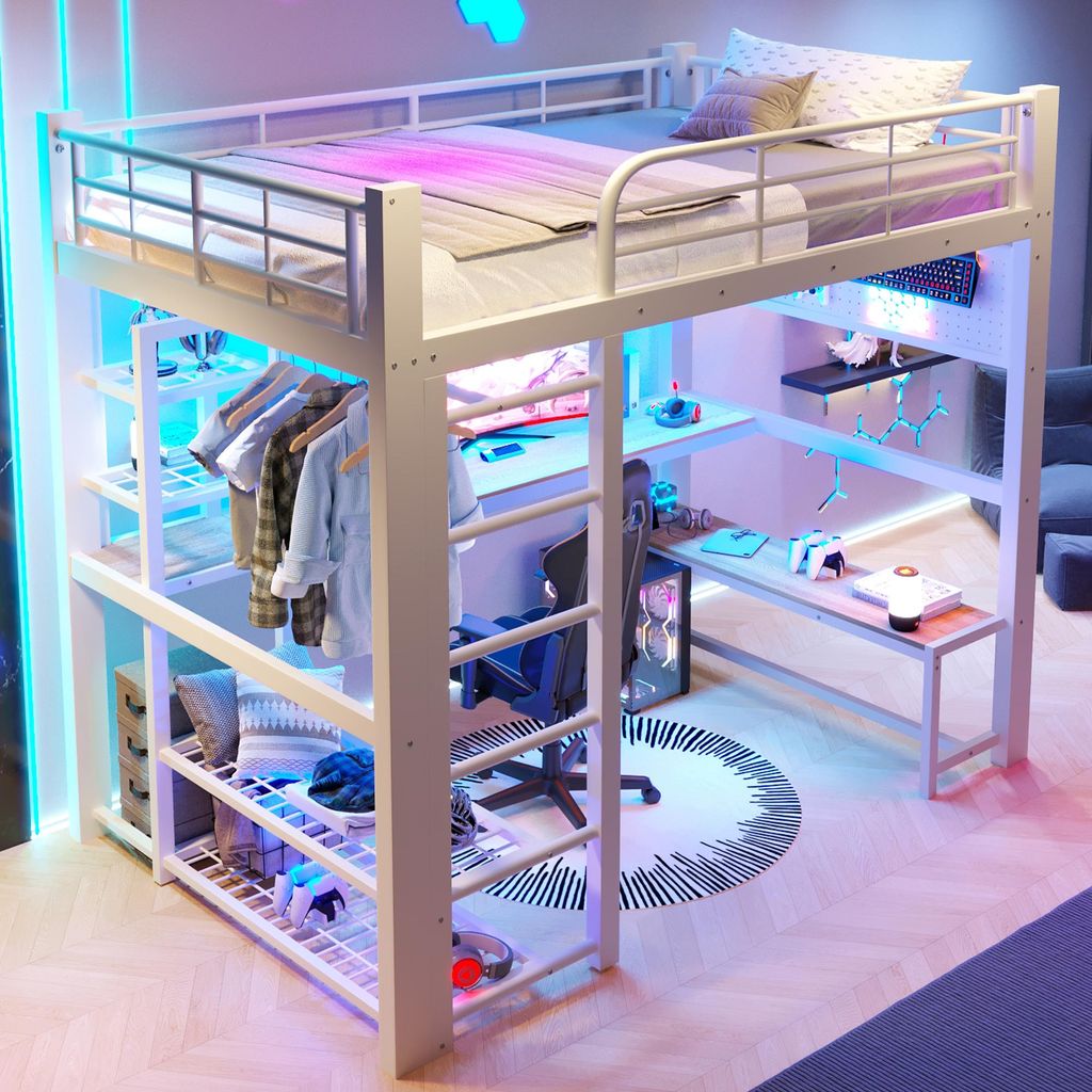 Hochbett mit Schreibtisch, LED-Licht, Lochplatte & Kleiderstange, Metallrahmen, 140x200 cm, Weiß