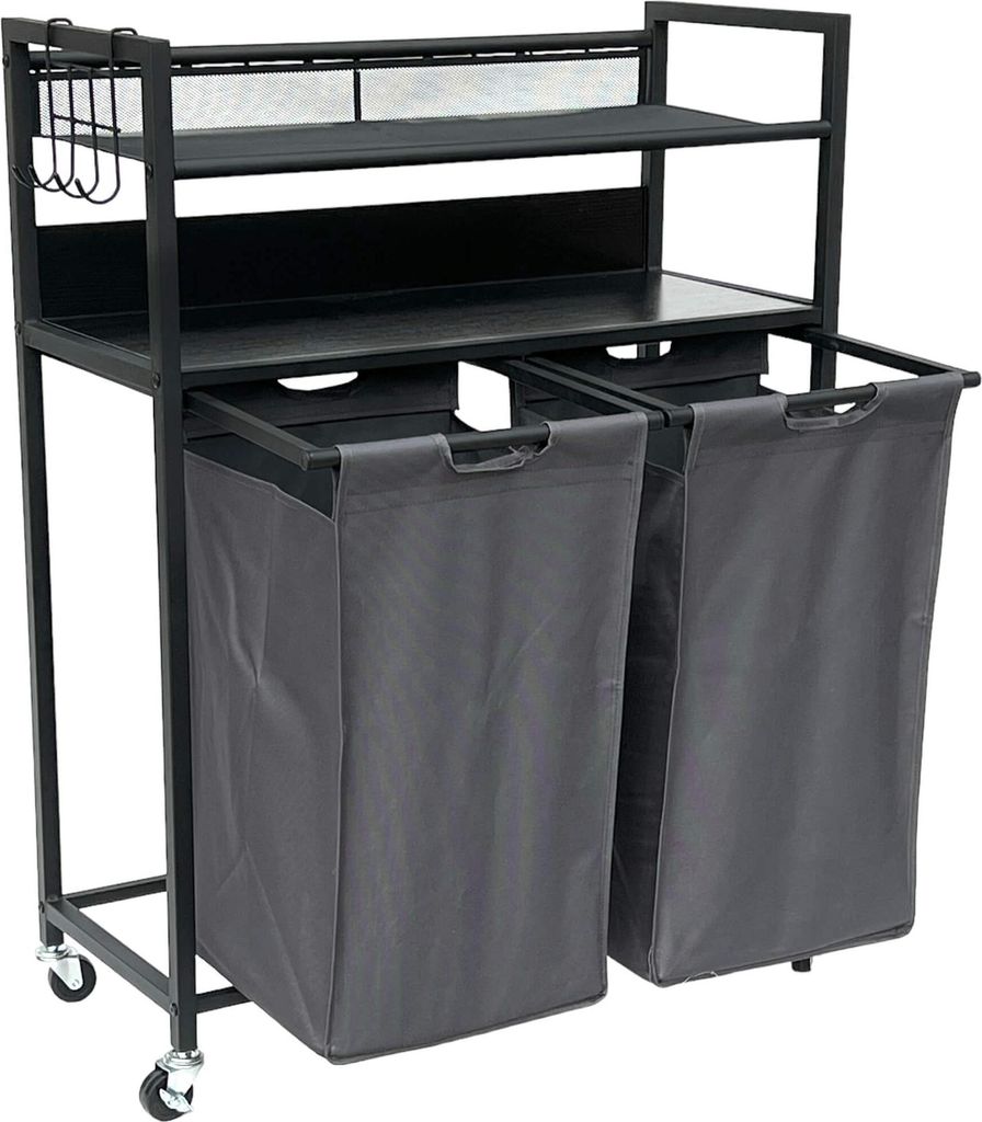 DanDiBo Wäschekorb 2 Fächer mit Ablagen Schwarz Metall 96501 Wäschesammler Wäschewagen mit Rollen Wäschebox Wäschekorb Wäschesack Modern