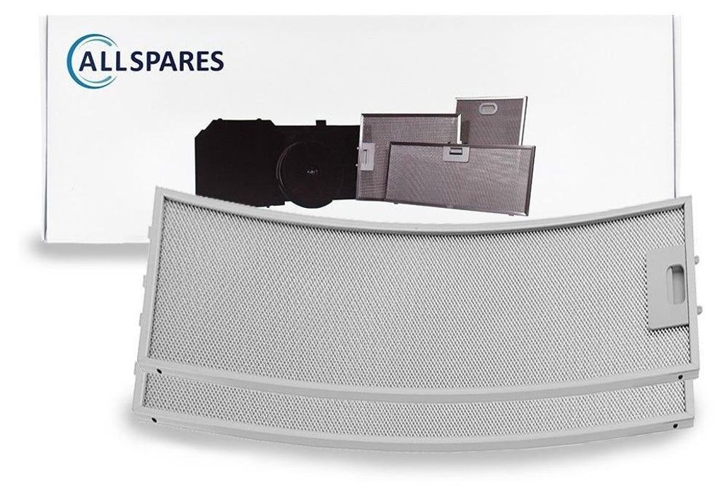 A product shot of two metal filters for a cooker hood, with the brand packaging in the background.