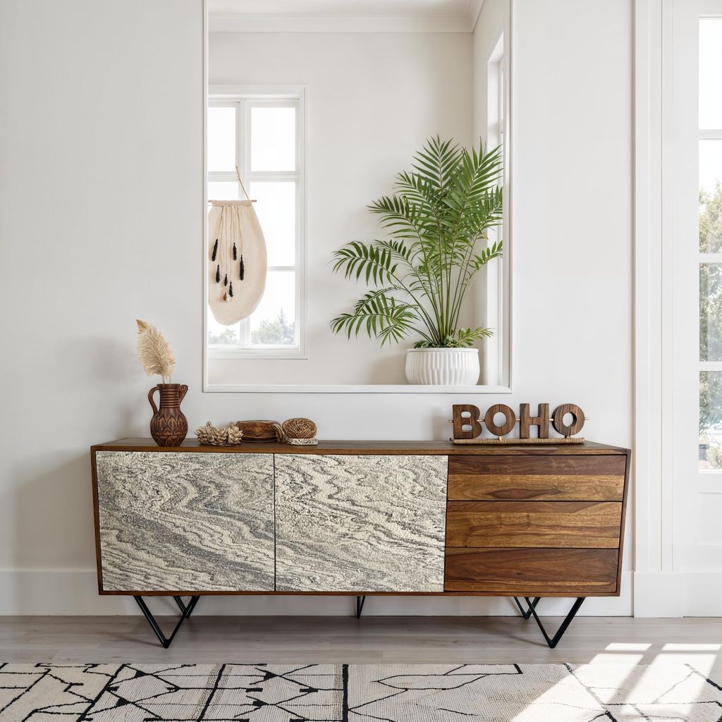 FineBuy Sideboard Sheesham Massivholz 175 cm 2 Türen & 3 Schubladen - Massive Retro Kommode Steinoptik - Design Natur Anrichte - Handdustrial