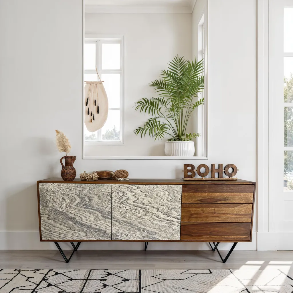 Grand Meuble de Rangement Salon 175 cm Bois Massif et Effet Minéral