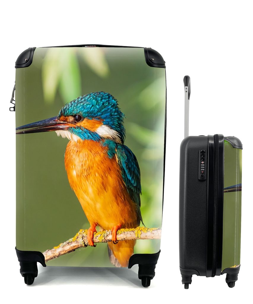 MuchoWow Koffer Handgepäck Trolley Rollkoffer Kleine Reisekoffer mit 4 Rollen - Vogel - Eisvogel - Zweig - Blätter - Moos - Cabin Size < 55x40x...