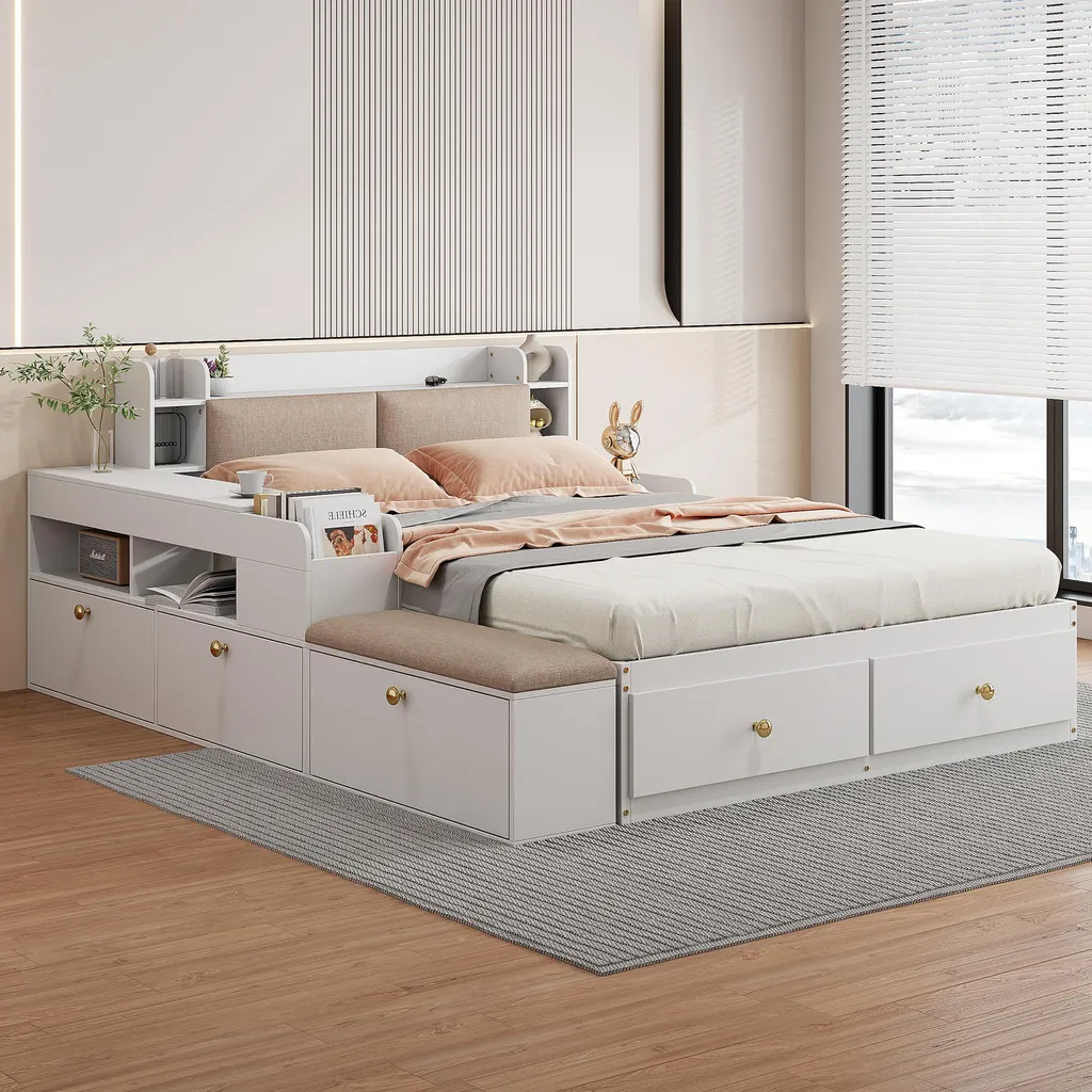 Lit bois massif 140x200cm blanc : tête de lit rangement et tiroirs