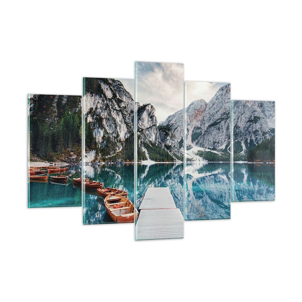 Bilder auf glas - 5 Teile - Boote Berge Hafen - 150x100cm - Glasbilder - Wandbilder - Bilder - zum Aufhängen bereit - Wanddekoration aus Glas - Gl...