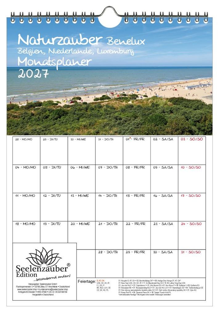 Naturzauber Benelux Planer DIN A4 Kalender für 2027 Landschaft Natur Reise Strand Urlaub - Inhalt: 1x Kalender 1x Weihnachtsanhänger 1x Grußanh...
