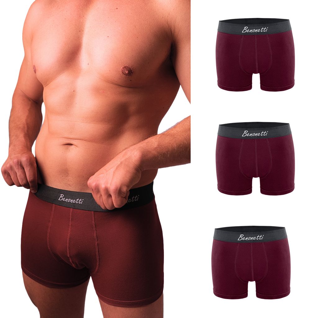 Benonetti Herren Boxershorts, atmungsaktive Baumwollunterwäsche mit Komfortbund, Bequem & langlebig, kein Aufrollen (3er Set, Weinrot, XXL)