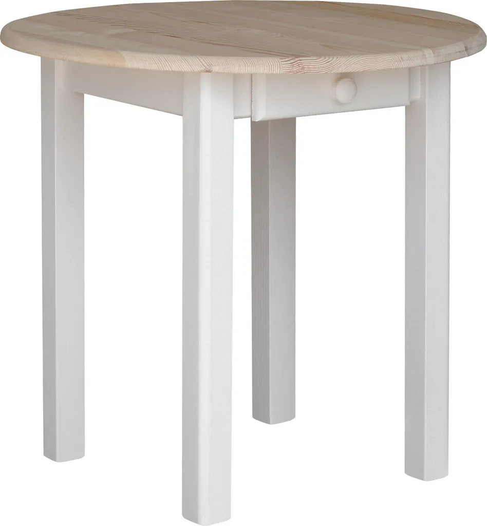 Tavolo Rotondo in Legno di Pino 90 cm Bianco con Cassetto Portaoggetti