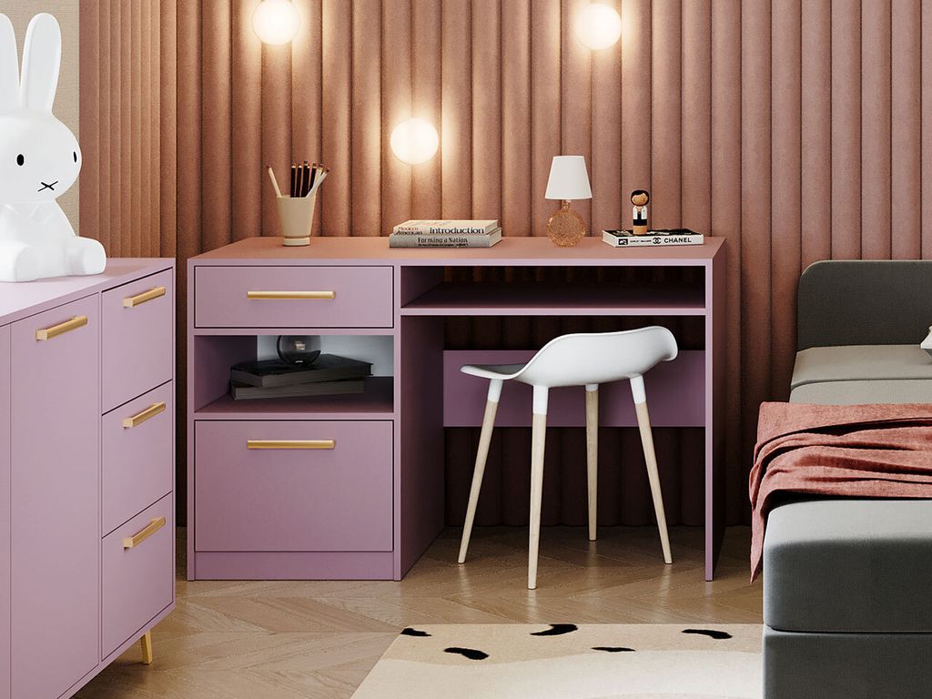 A modern bedroom with a pink desk and a bed.