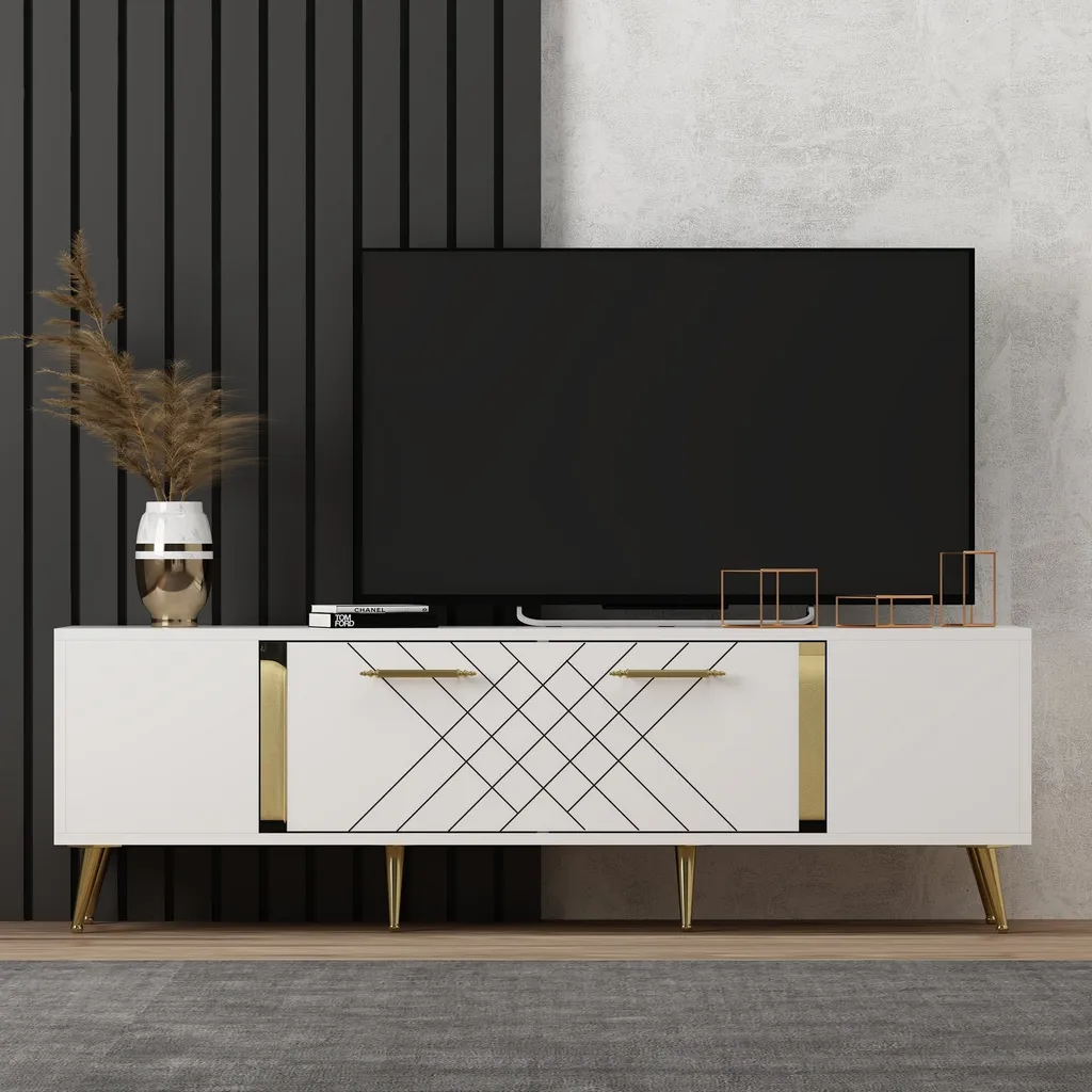Skye Decor Detas Meuble TV Blanc et Or 150 cm - Design Scandinave Chic