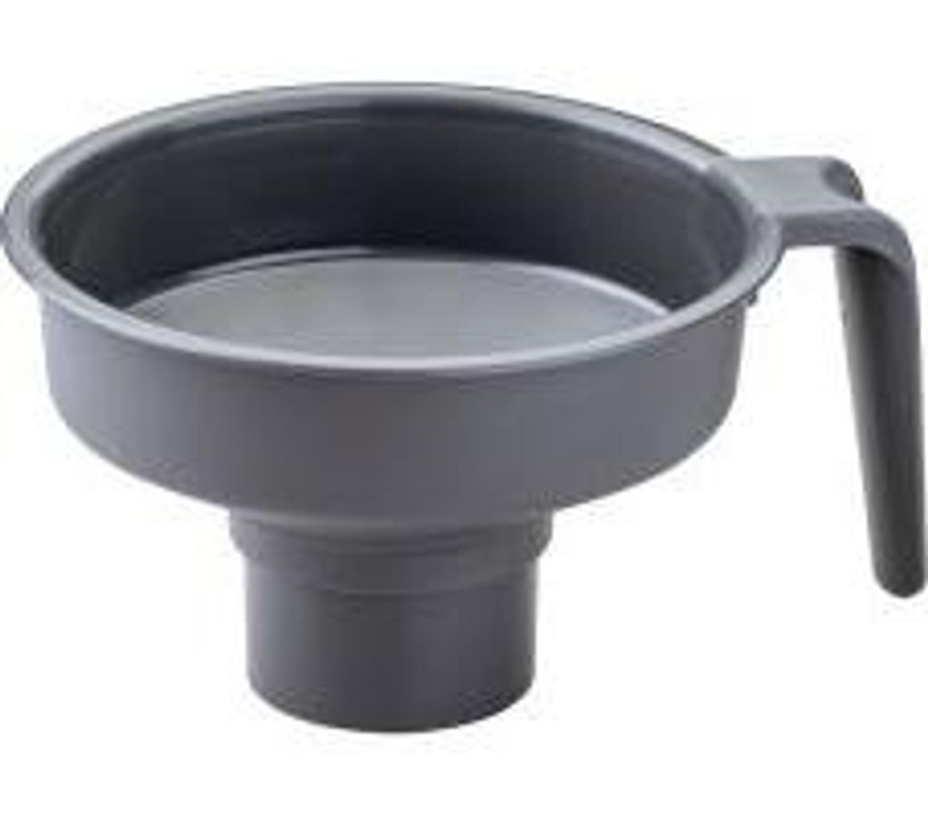 A gray funnel with a handle against a white background.
