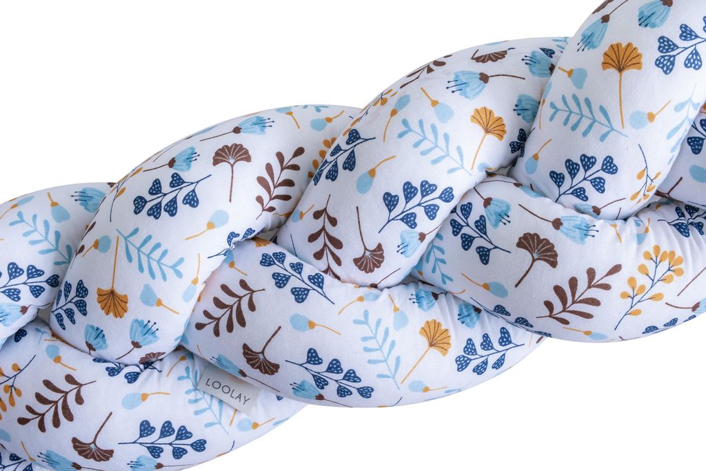 200 cm Blumen BLAU GELB Geflochtenes Kissen Zierkissen Dekokissen Bettschlange Bettumrandung Zugluftstopper Wickeltisch Babybett Baumwolle Geschenk