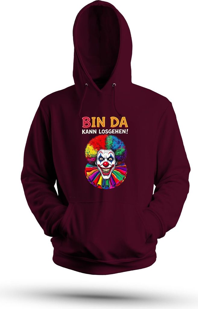 Bin da kann losgehen Clown Köln Karneval Jeck Fastnacht Narr Uni Hoodie Kapuzenpullover, Burgundy, L