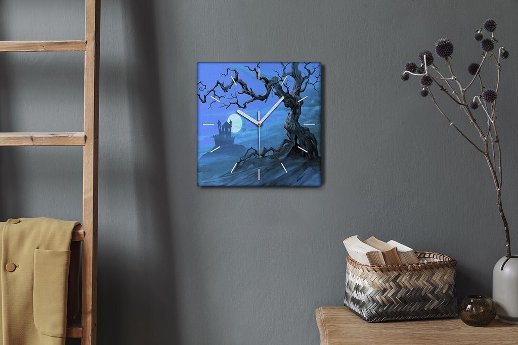 Coloray Hodiny Unikátní 30x30 cm Tiché hodiny Pro obývací pokoj a kuchyň Nástěnné hodiny Plátno Bílé ručičky hodin - Hrad Měsíc