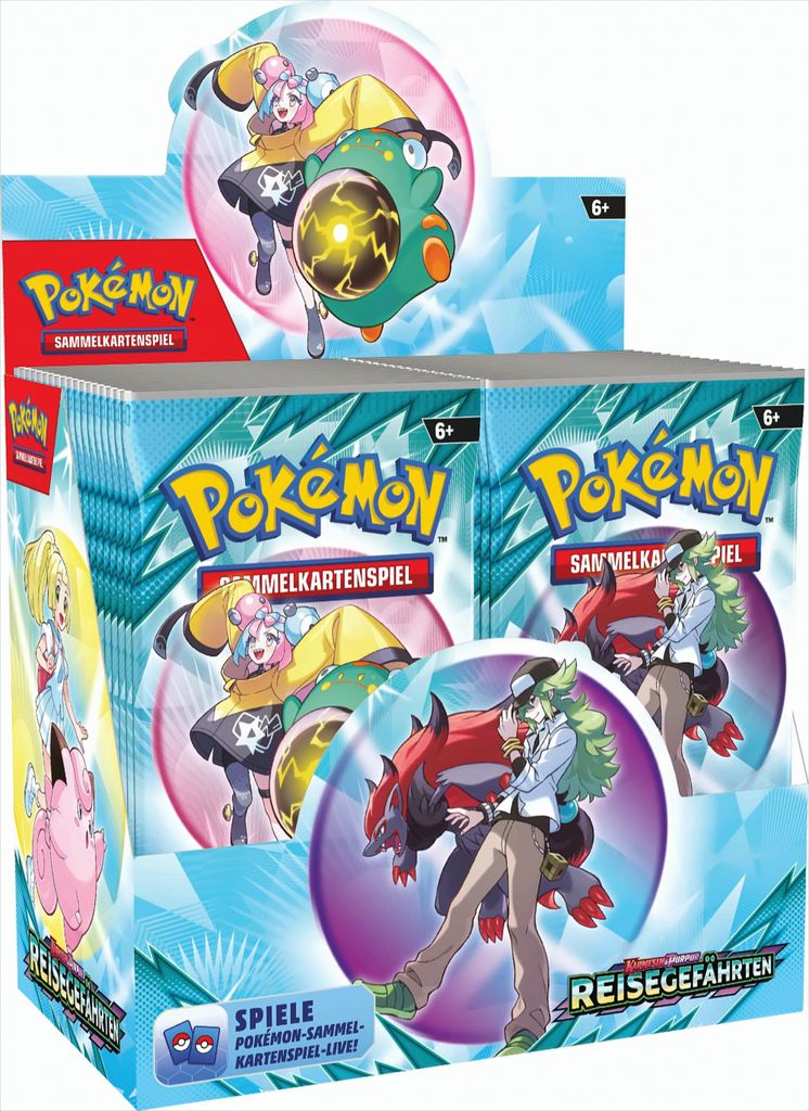A display box of Pokémon trading card game booster packs, featuring characters and the Pokémon logo.