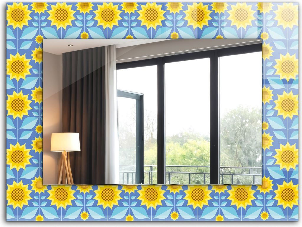 Dekorativer Wandspiegel - Bedruckter Spiegel - Motiv - 80x60 cm - Sonnenblumen-Blätter-Muster