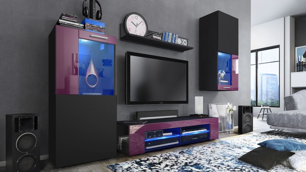 Vladon Wohnwand Movie, Anbauwand bestehend aus 1 TV-Board, 2 Vitrinen und 1 Regal, Schwarz matt/Schwarz matt/Brombeer Hochglanz, inkl. LED-Beleucht...