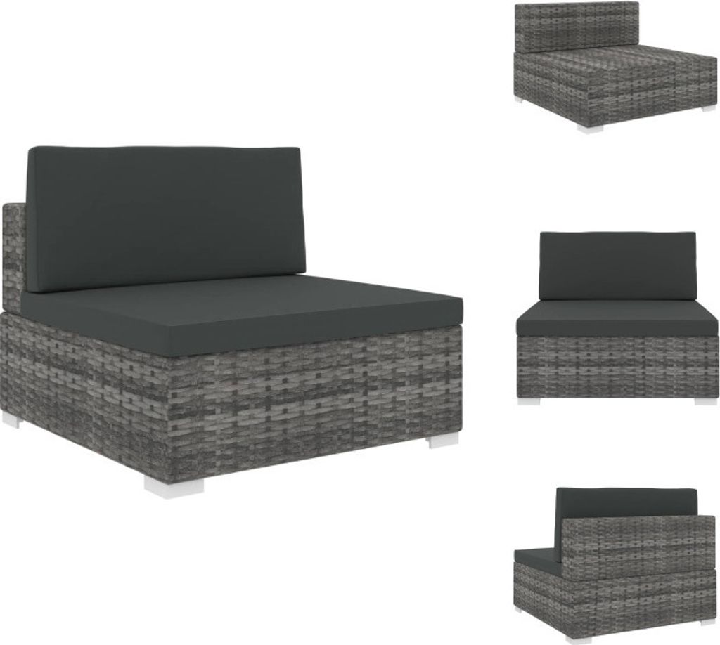 vidaXL Modular-Sofa-Mittelteil 1 Stk. + Auflagen Poly Rattan Grau - Gartensofaelemente