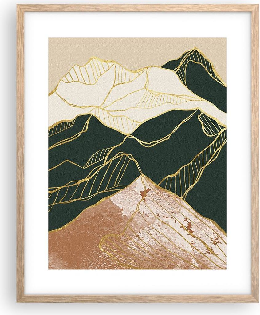 Gerahmtes Poster - Rahmen in heller Eiche - Abstrakt Landschaft Berge - 40x50 cm - Wand Bild - Wanddeko - Wandbilder - Kunstposter - Wandposter - B...