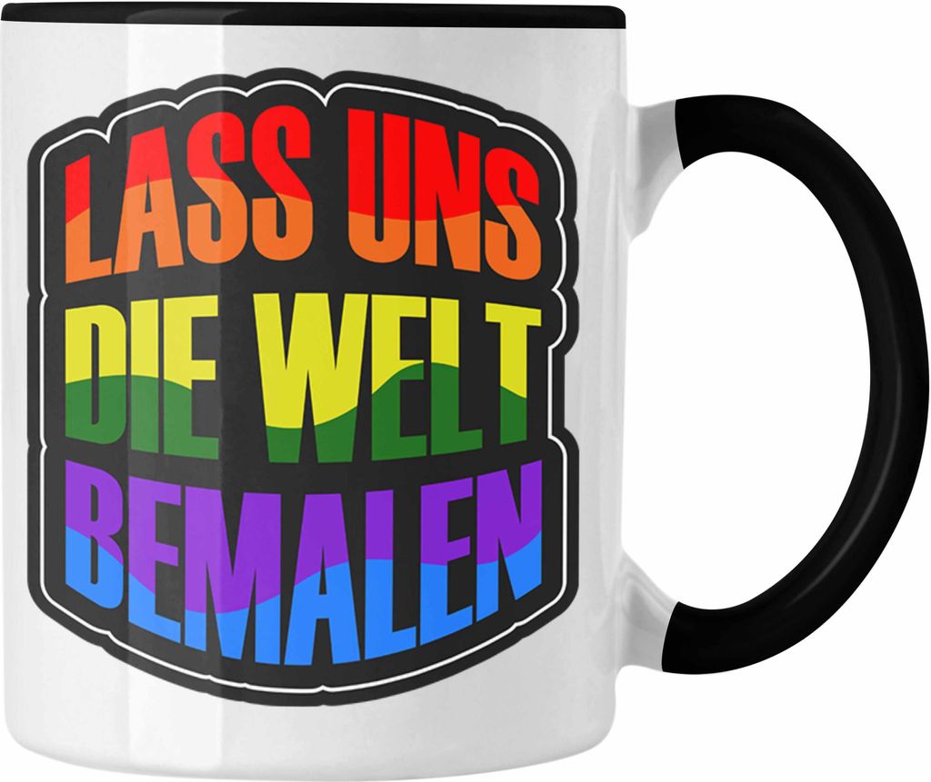 Trendation - Geschenkidee LGBT Tasse "Lass uns die Welt Bemalen" Regenbogenfarben (Schwarz)