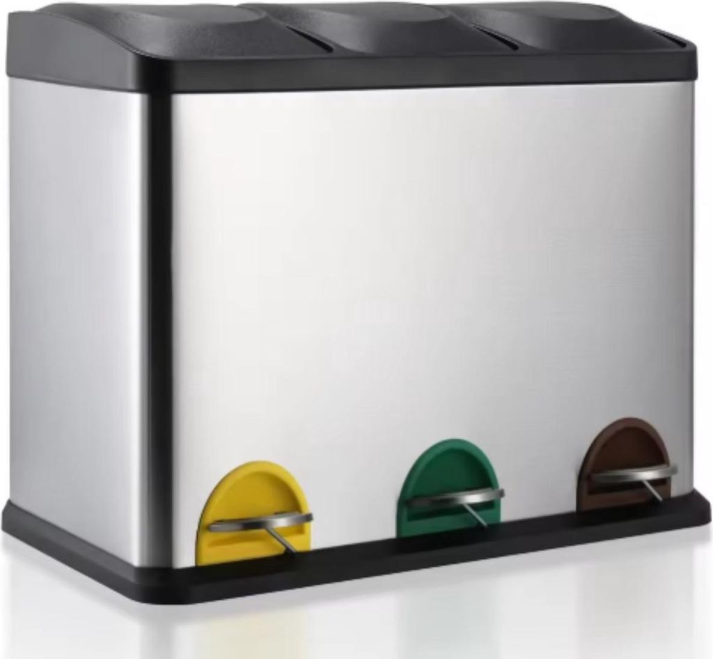 Pedaal-Mülltrennsystem – 3 Fächer – 45L – Edelstahl – Soft-Close – Anti-Rutsch