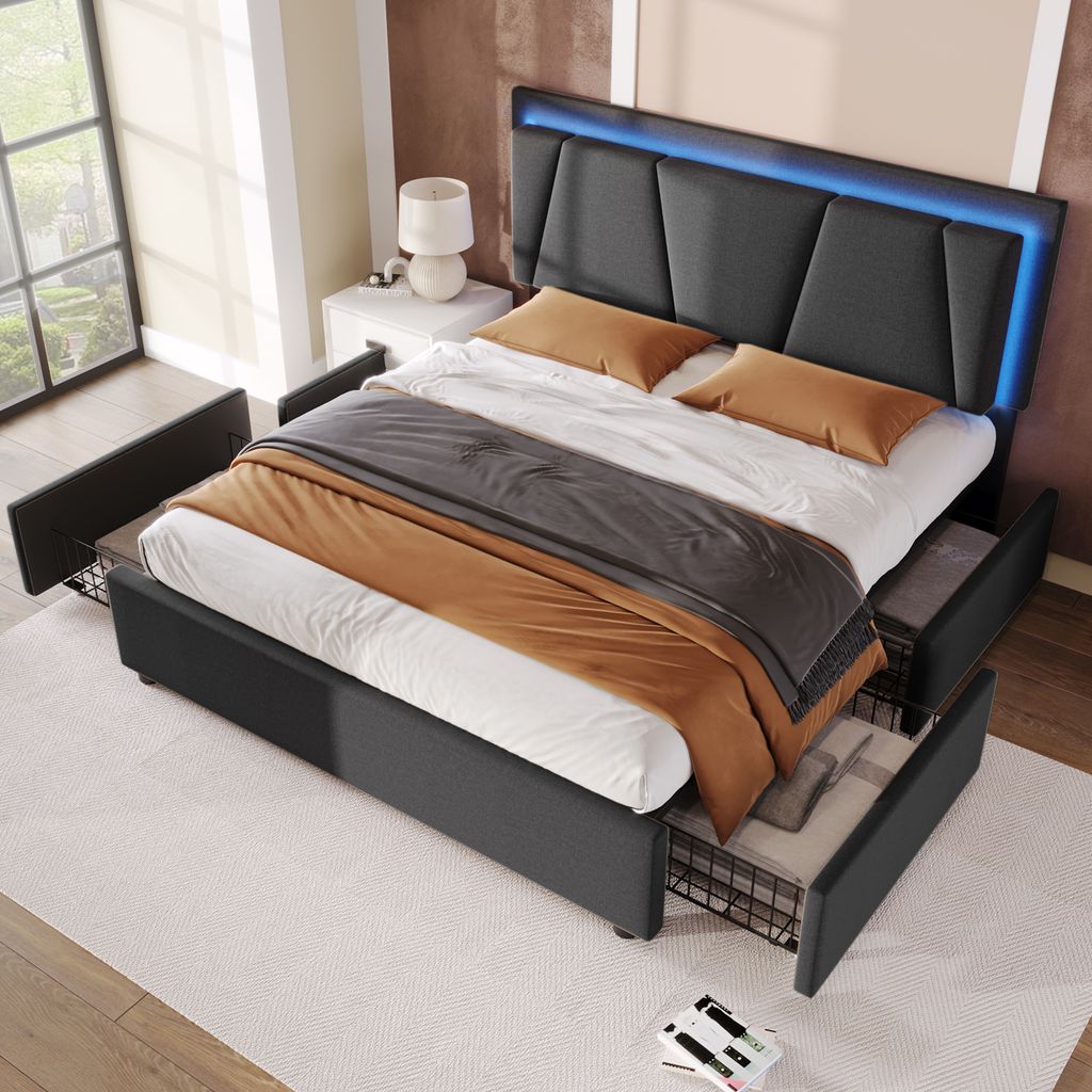Sweiko Polsterbett mit LED-Beleuchtung und 4 Schubladen,Doppelbett 140x200cm Stauraumbetten Bettgestell,Grau