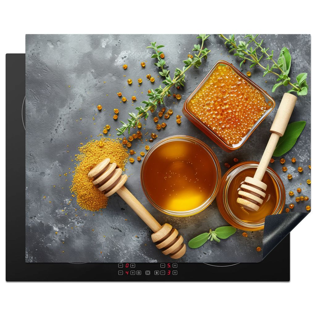 KitchenYeah Herdabdeckplatte Honig - Kräuter - Beton , 65x52cm, Küche Deko, Glaskeramikfeld Herdabdeckung, Abdeckplatte fùr Kochfeld