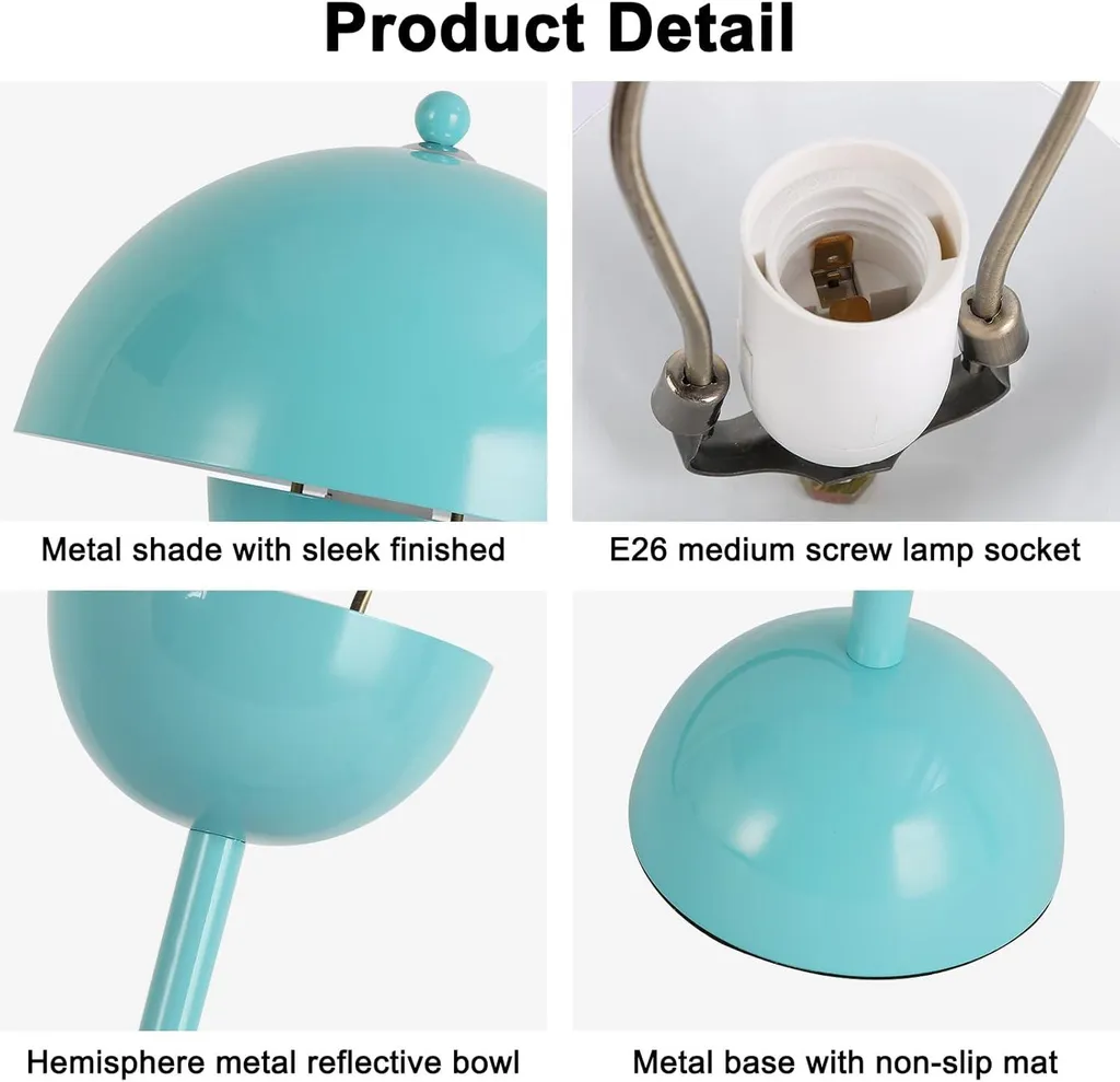 Lampe de table champignon bleu turquoise métal E27 - Design céleste 34cm - 6