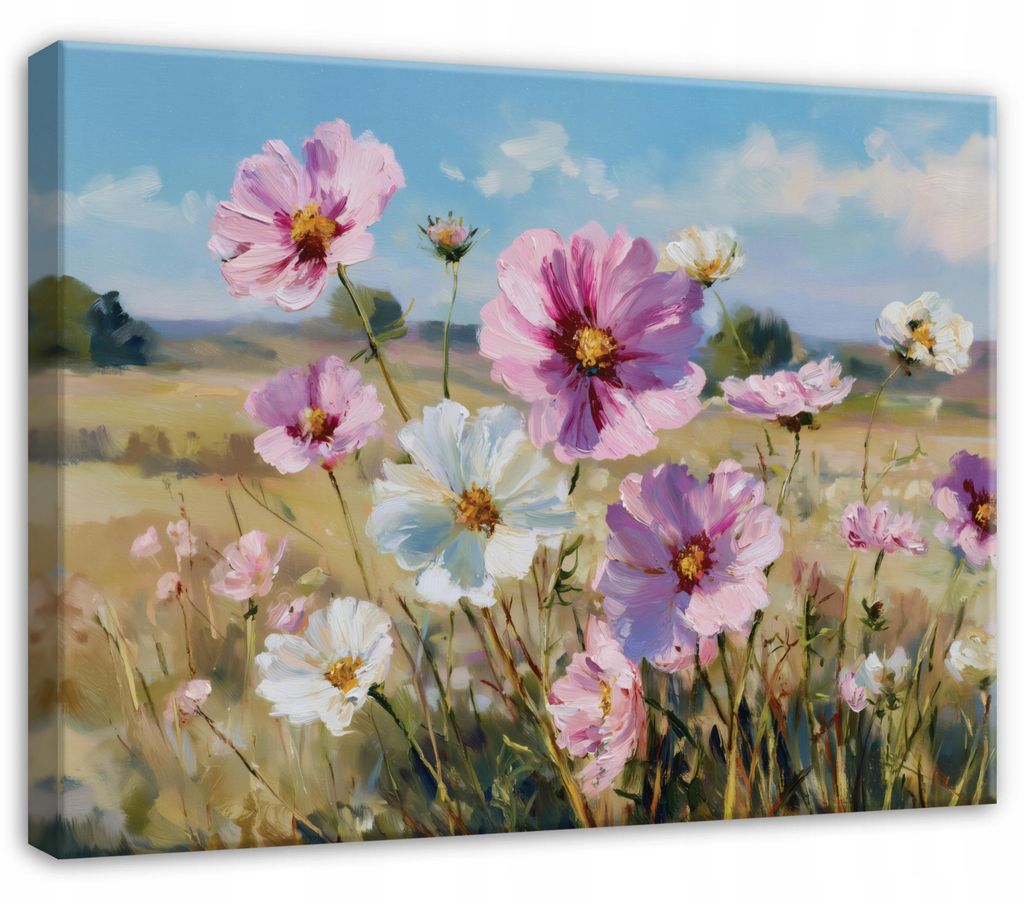 Leinwandbild Blumen Wiese Natur - 100x70 cm - Wandbilder Wohnzimmer Schlafzimmer - Leinwand Leinwandbild Rosa - PP16449O1