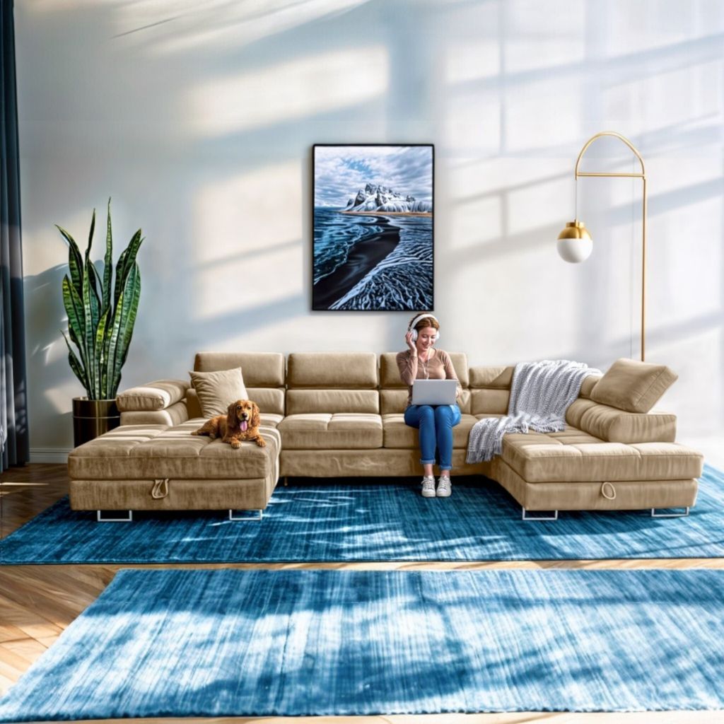 Sofiland Aller XXL U-Form Ecksofa rechts mit Schlaffunktion, Couchgarnitur mit 2 Bettkästen, Wohnzimmersofa Creme MONOLITH 04, Sofa, Bettsofa, Couch