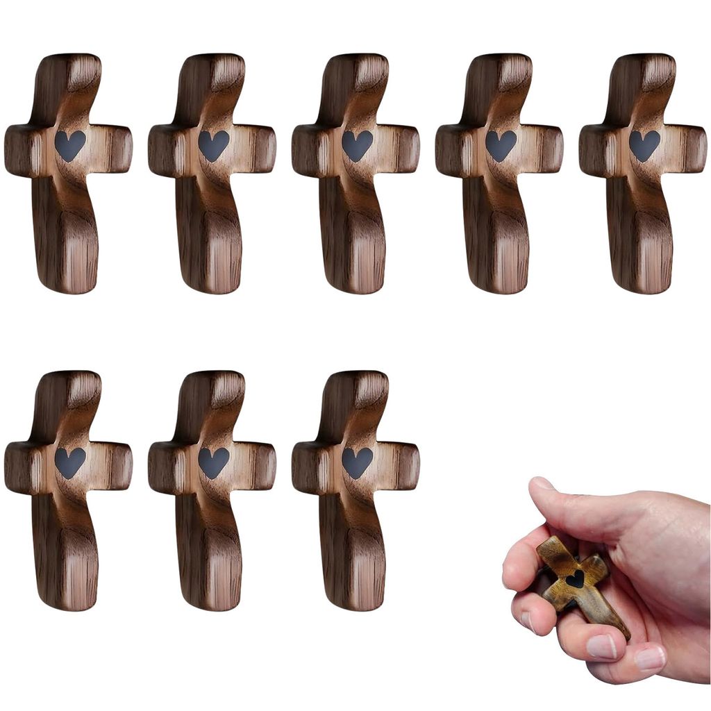 8 Stück Geschnitztes Holzkreuz mit Herzen für Gebet, 5.1 x 2.5 cm