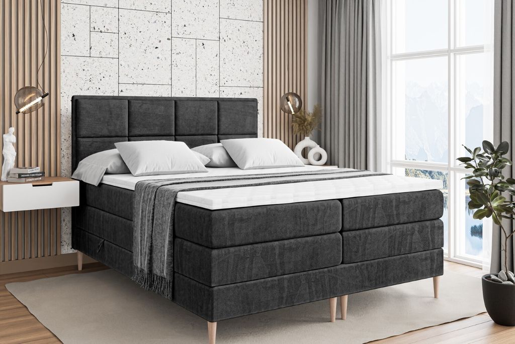 ALTDECOR Boxspringbett mit Holz Füßen, Matratze und Lattenrost, Topper, Polsterbett mit Bettkasten, Bett mit Stauraum H3- und H4- Matratze, Doppe...