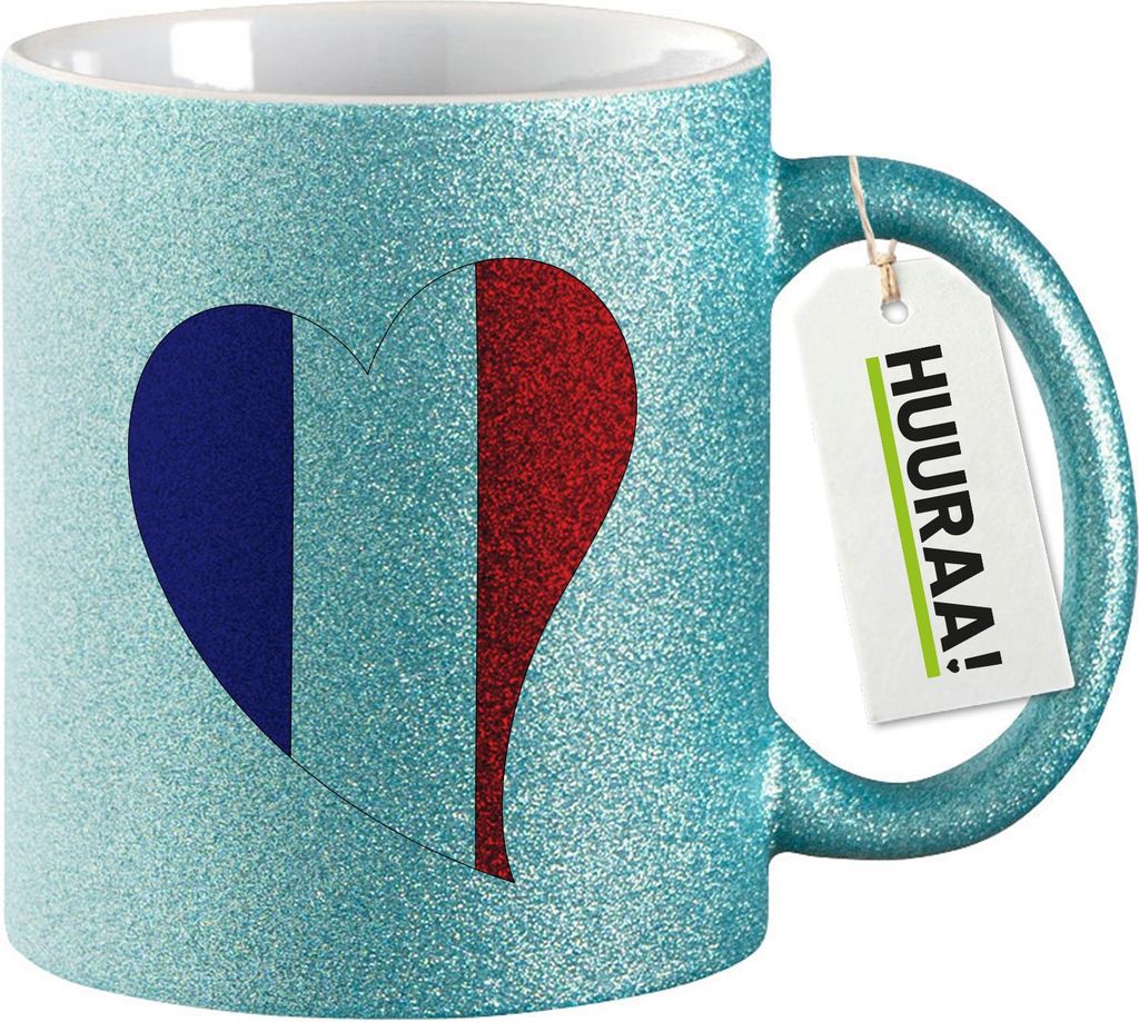 Huuraa Glitzertasse Frankreich Flagge Herz 330ml Blau Keramik Kaffeebecher Geschenkidee