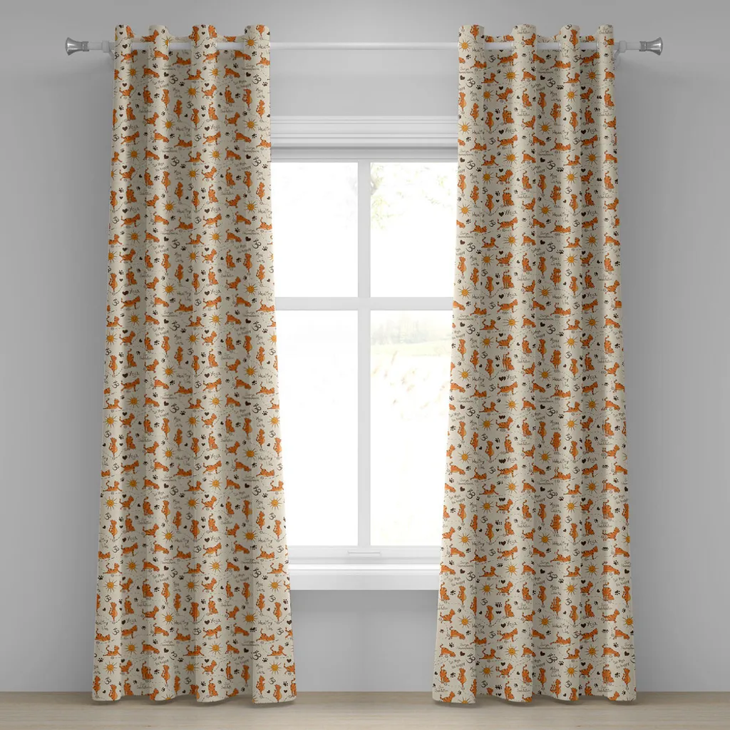 ABAKUHAUS Tenda con occhielli con gatti, tema "Be Yoga Happy" Gatti in posizioni yoga, sorrisi, impronte di zampe, cuori, tende decorative a 2 pannelli, 280 cm x 175 cm, color crema, arancione, marrone