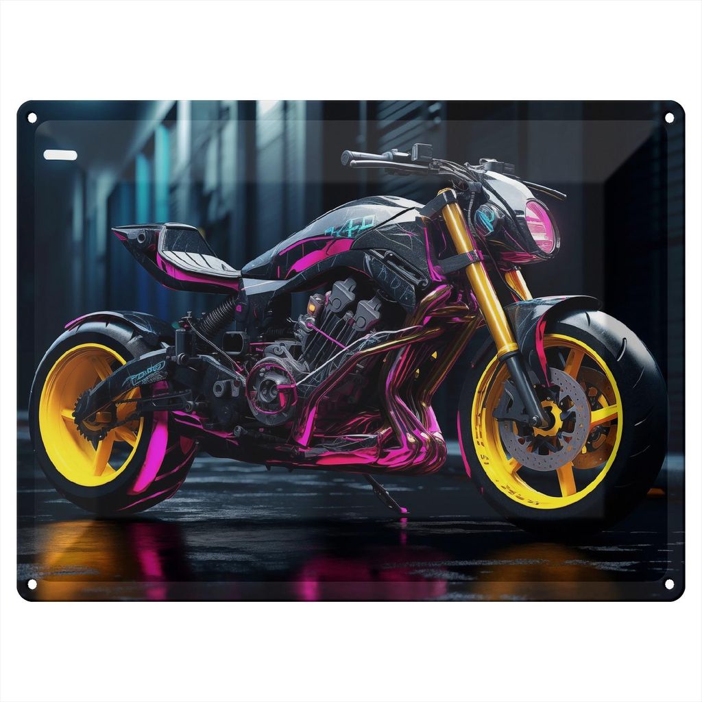 Wallario Blechschild Wandbild in : Brillante Farben, Größe 30 x 40 cm Motiv Neon-Cyberbike