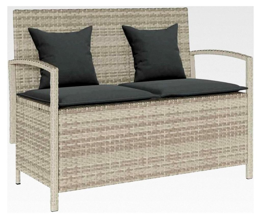 Gartenbank mit Stauraum und Kissen in Hellgrau aus Poly Rattan