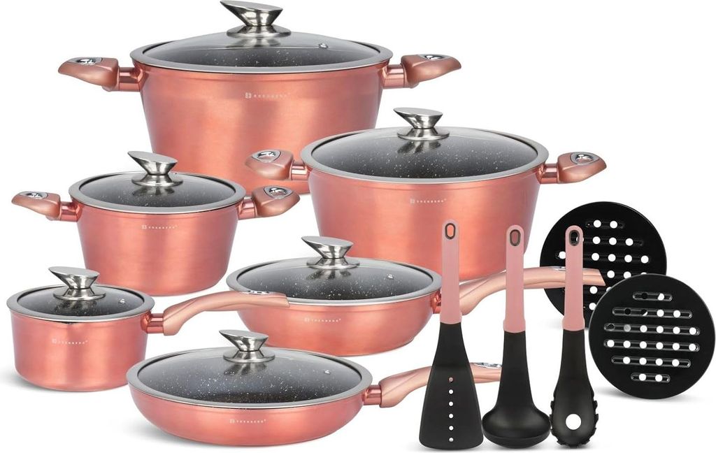 15-teiliges Rosa Kochgeschirrset für Induktion - Kochtöpfe und Kochutensilien