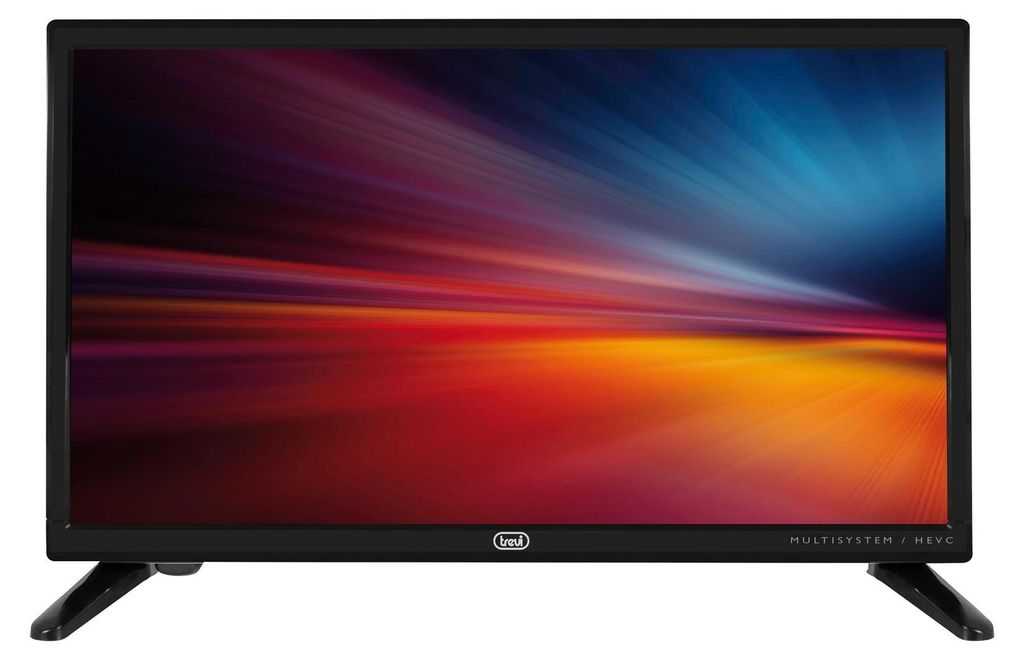 A black television set with a colorful abstract image displayed on its screen, resting on its black stand.
