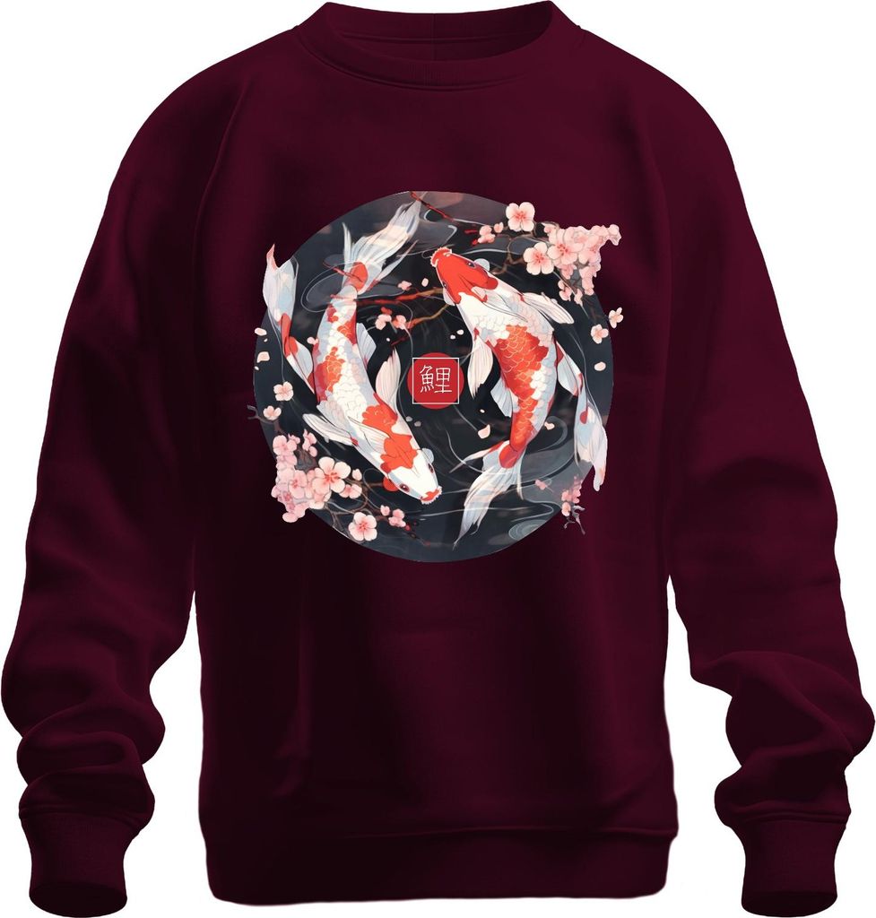 Koi Karpfen Sakura Japanisch Fische Zen Kirschblüten YinYang 鯉 Uni Sweatshirt Pullover, Burgundy, XXL