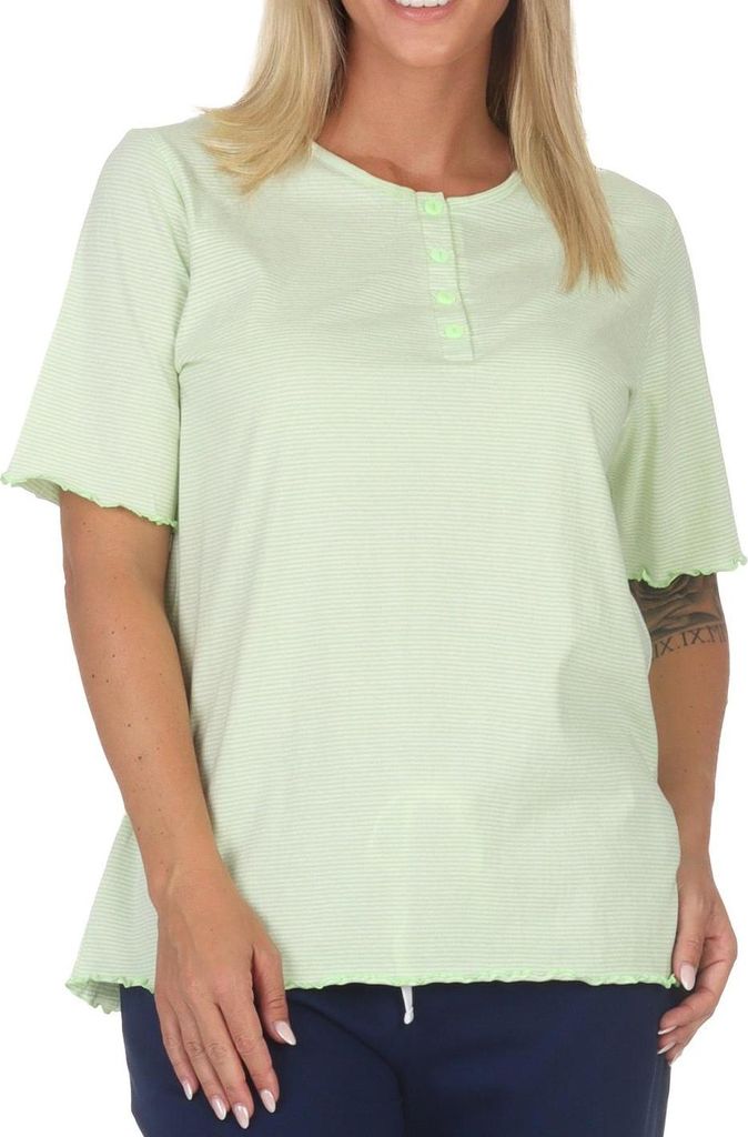 Damen kurzarm Schlafanzug Oberteil Pyjama Shirt Mix & Match – ideal zu kombinieren ; streifen_grün , 36