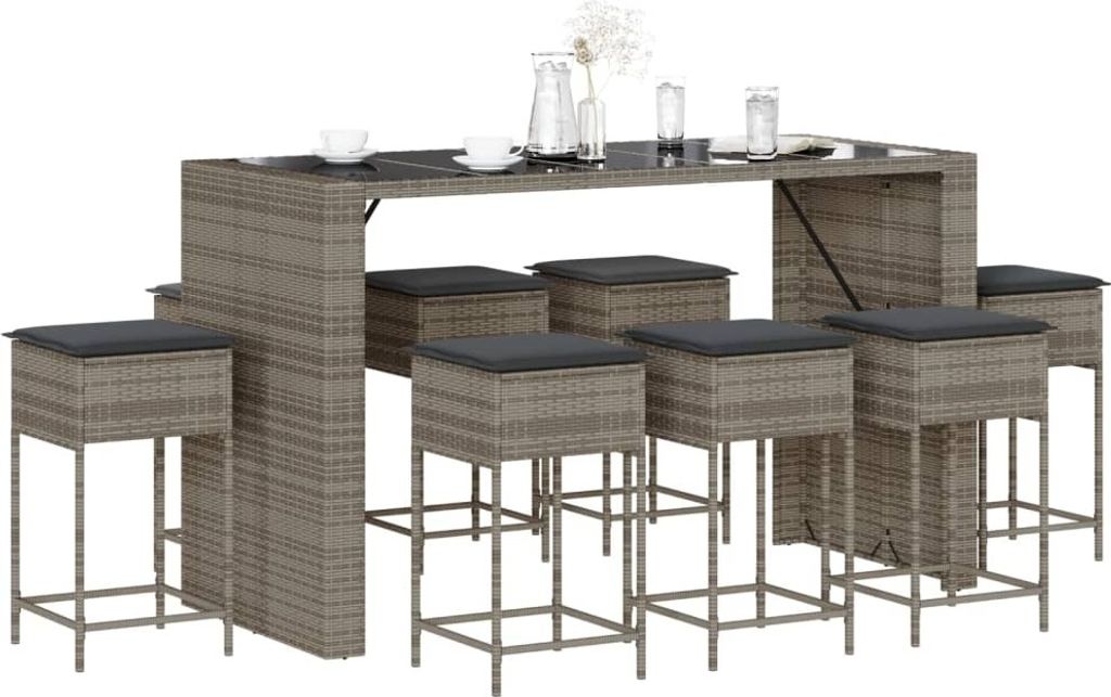Design 9-tlg. Gartenbar-Set mit Kissen Grau Poly Rattan, Gartenmöbel-Sets 2024 Neu