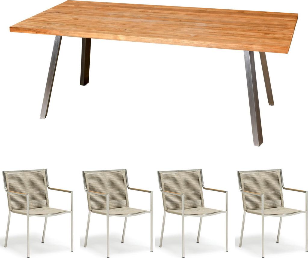 Inko Sitzgruppe Varuna Edelstahl/Kordel/Teak 160x90 cm Tisch mit Stapelsesseln
