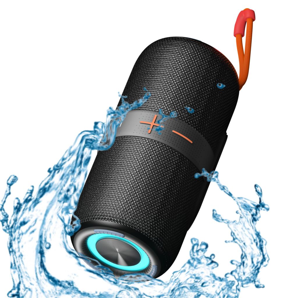 A black portable Bluetooth speaker is shown with water splashing around it, suggesting it is waterproof.