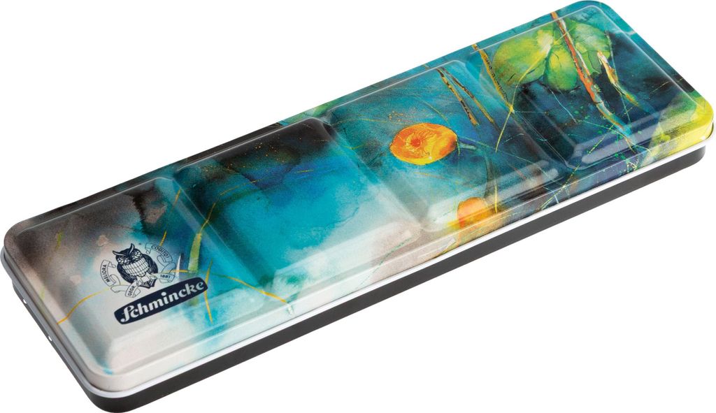 Schmincke – AKADEMIE AQUARELL bedruckter Farbkasten mit dem Siegermotiv des Aquarell-Wettbewerbs, 75825097, 12 halbe Näpfchen, Platz für 12 w...