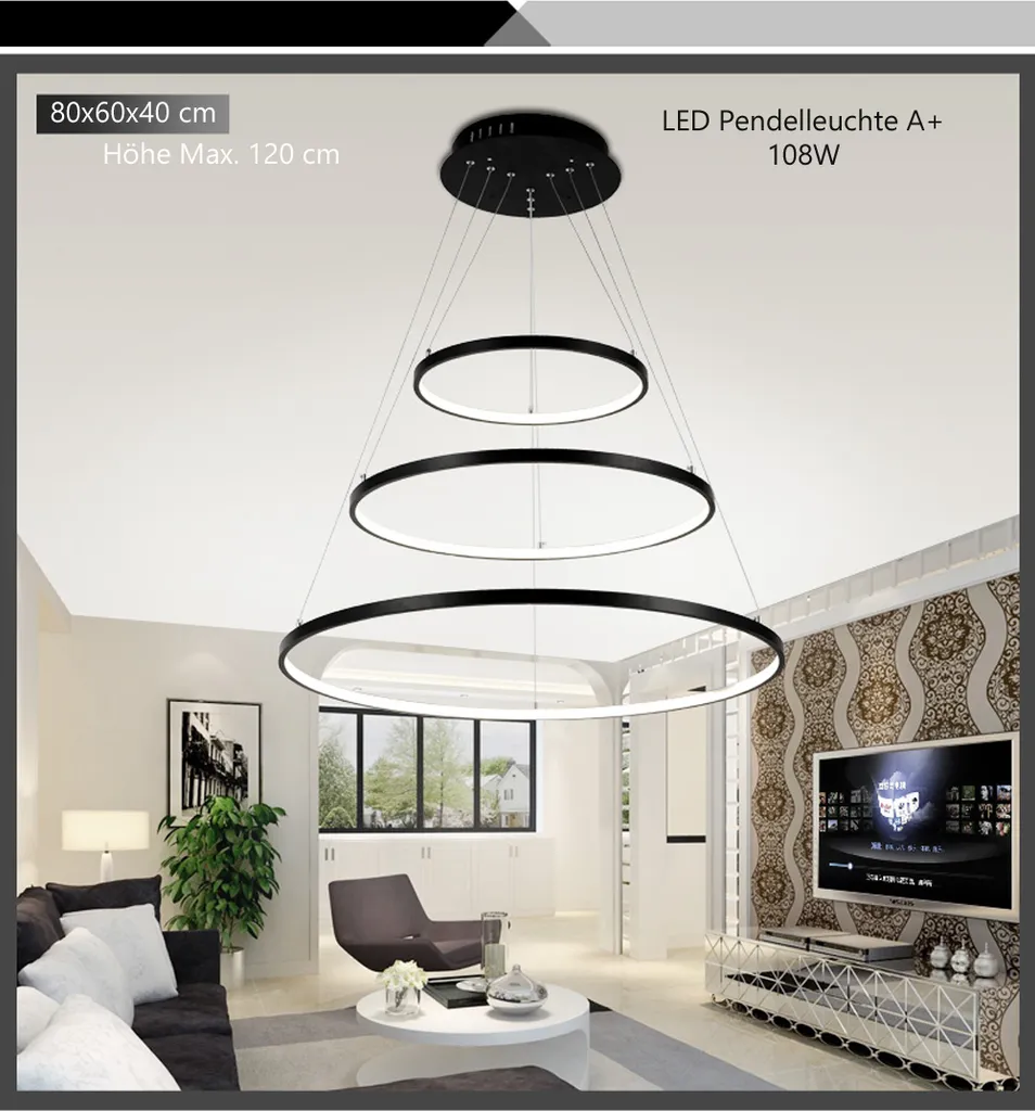 Lampadario LED Dimmerabile 2130-3black - 3 Cerchi 108W con Telecomando