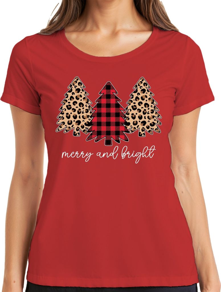 Merry and bright Tannenbaum Kariert - Weihnachten Weihnachtsgeschenk Christmas Damen T-Shirt, Rot, S